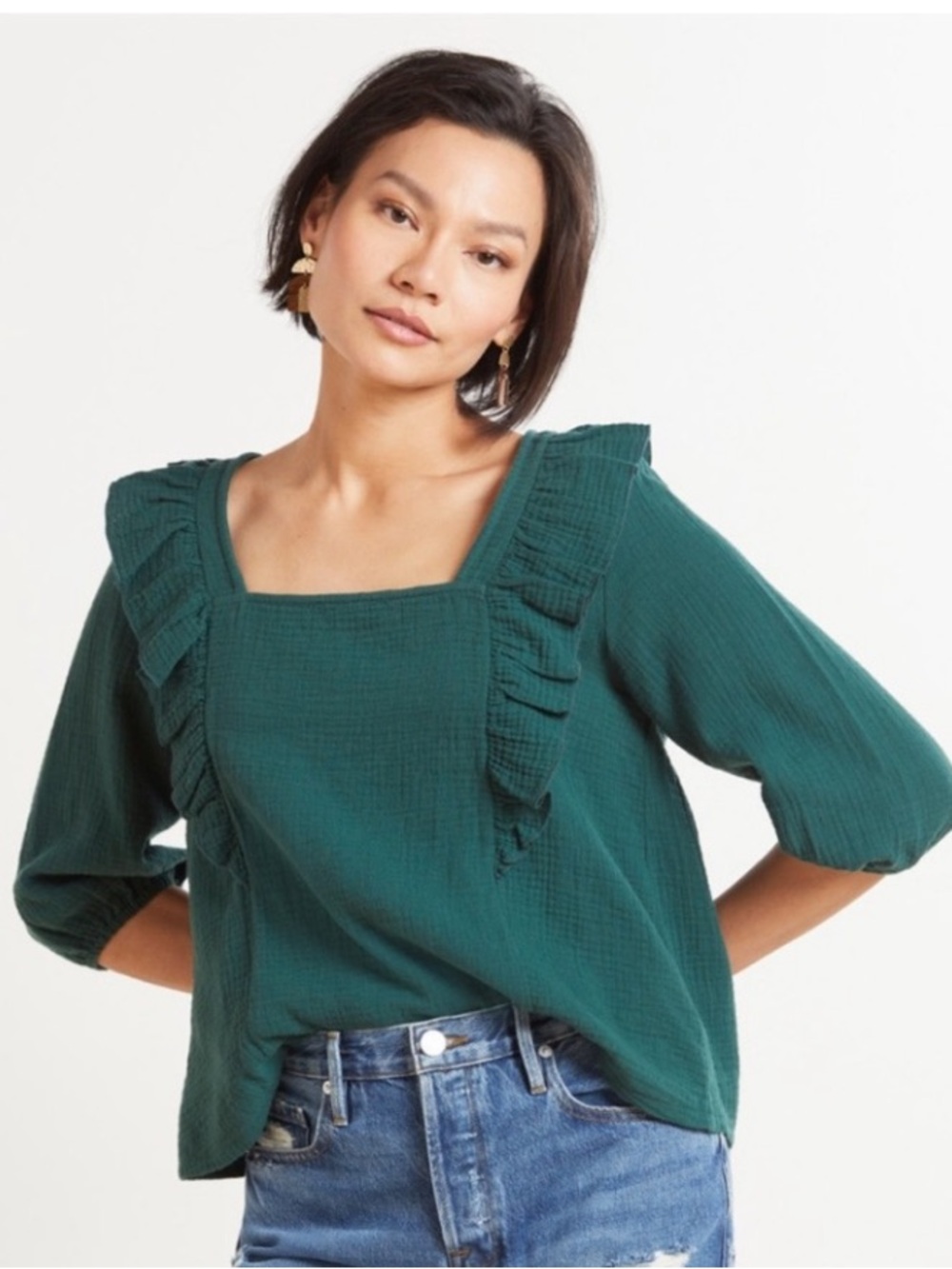 Evereve Green Ruffle Blouse Size M | Boho Cotton Top Cottagecore